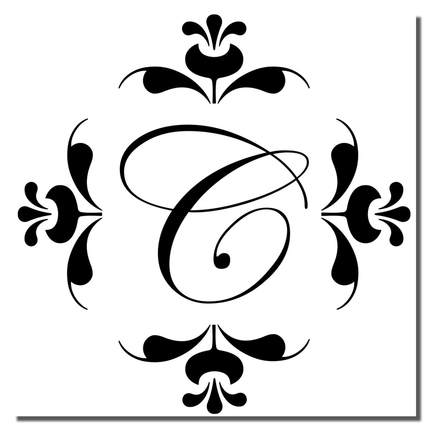 Ornate script monogram rubber stamp with floral flourishes for custom wedding invitations and branding