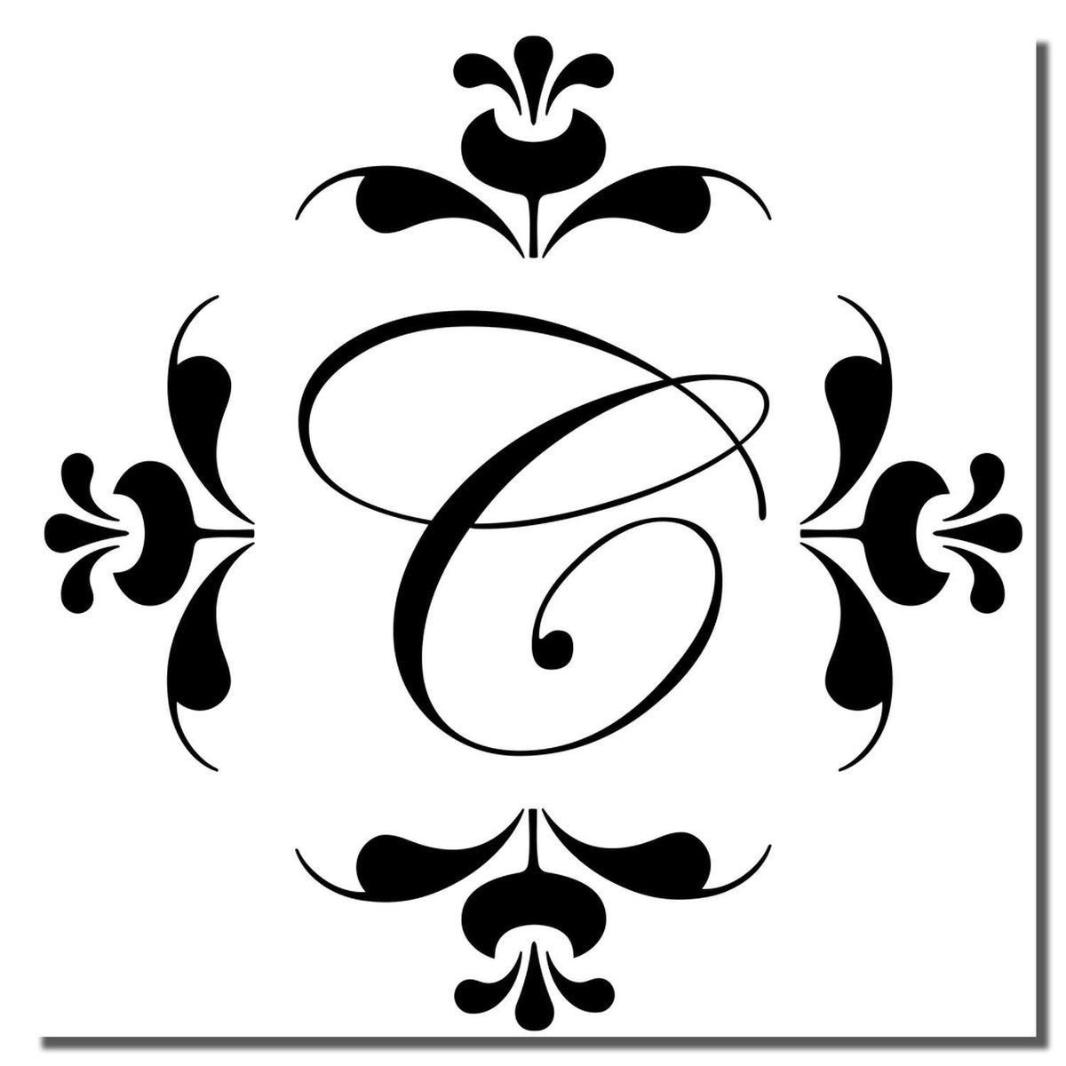 Ornate floral monogram G rubber stamp design with elegant black scrollwork for personalized stationery and crafts.