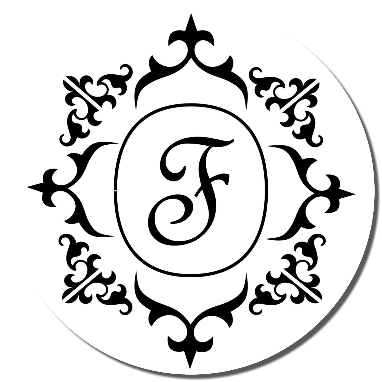 Ornate letter F monogram rubber stamp design with decorative floral border for personalized initials and wedding crafts