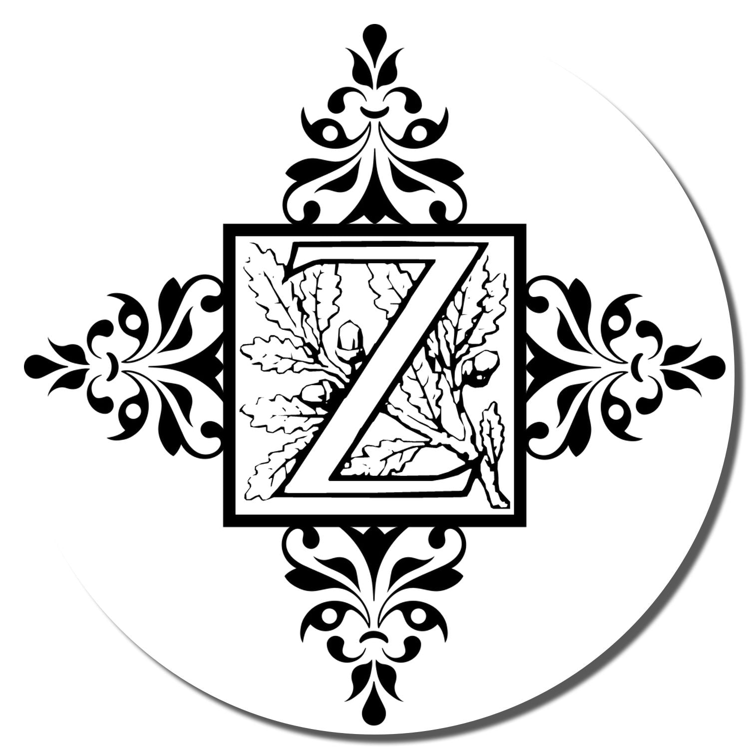 Ornate letter Z rubber stamp design with floral scroll frame for monograms, wedding crafts, and personalized branding.