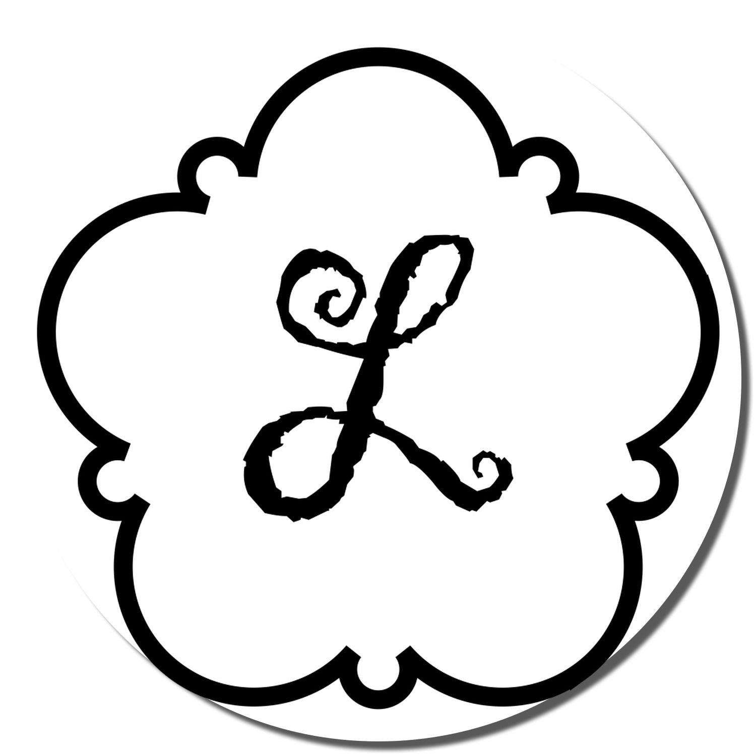 Flower-shaped rubber stamp with hand-drawn monogram for custom branding and craft projects.