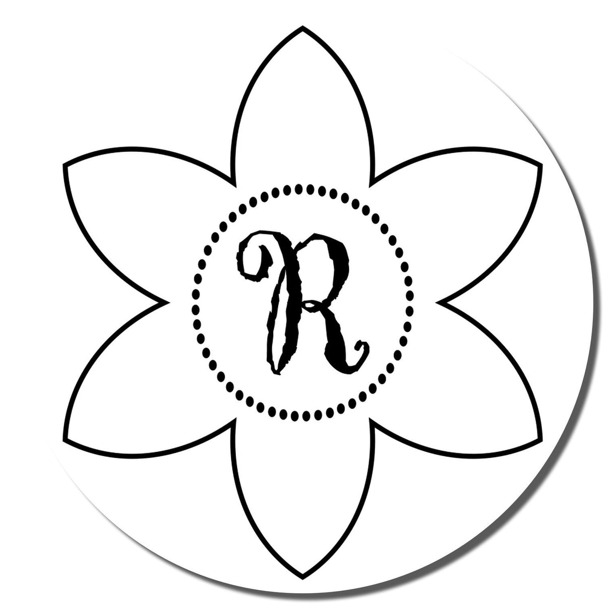 Flower monogram rubber stamp design with a decorative letter R, ideal for personalized crafts, stationery, and gifts.