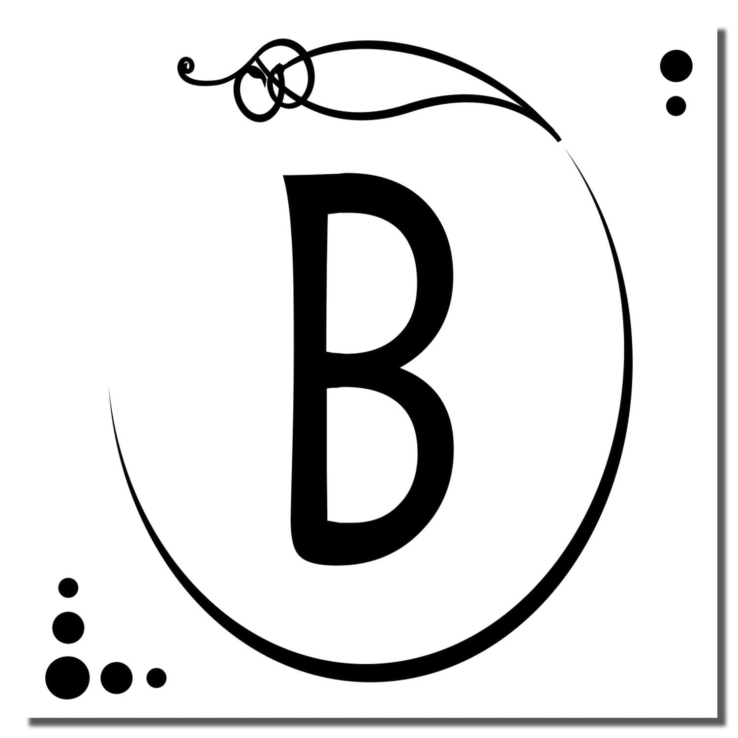 Decorative letter B monogram design for custom rubber stamp, featuring elegant swirls and dot accents in black.