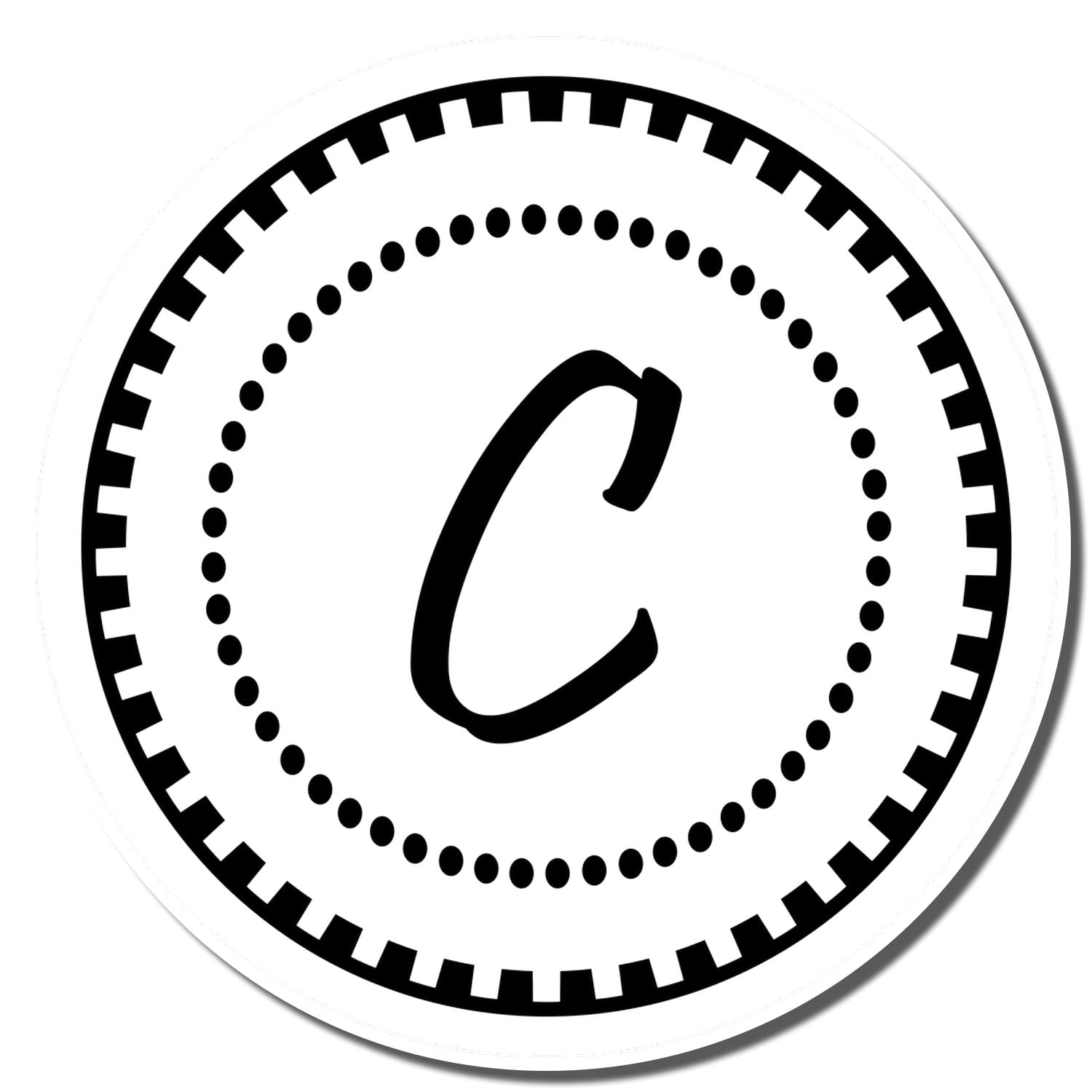 Custom lowercase C rubber stamp design with dotted circle and gear-style border for monograms, initials, and branding.
