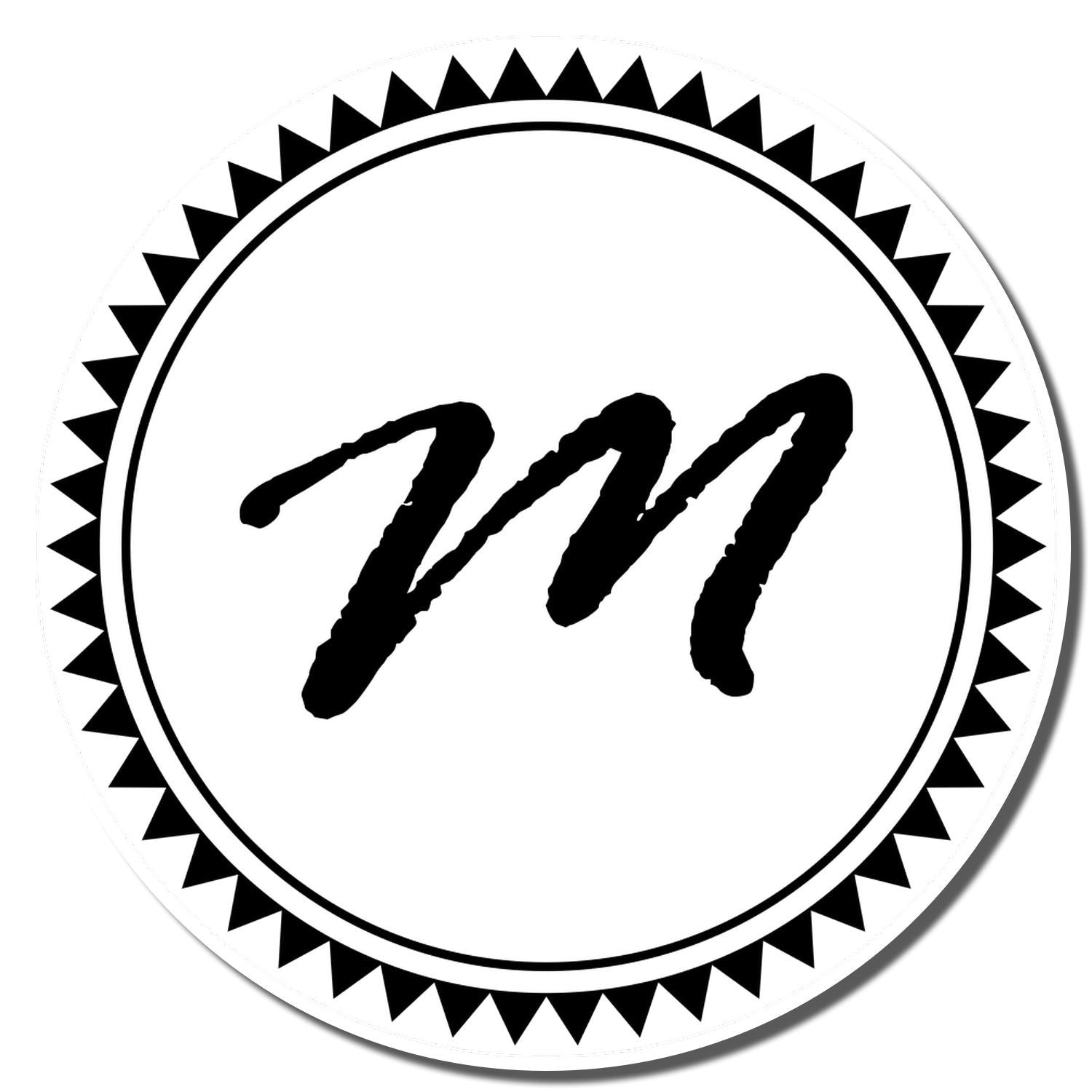 Round rubber stamp design with bold brush-style 77 inside a spiked circular seal border.