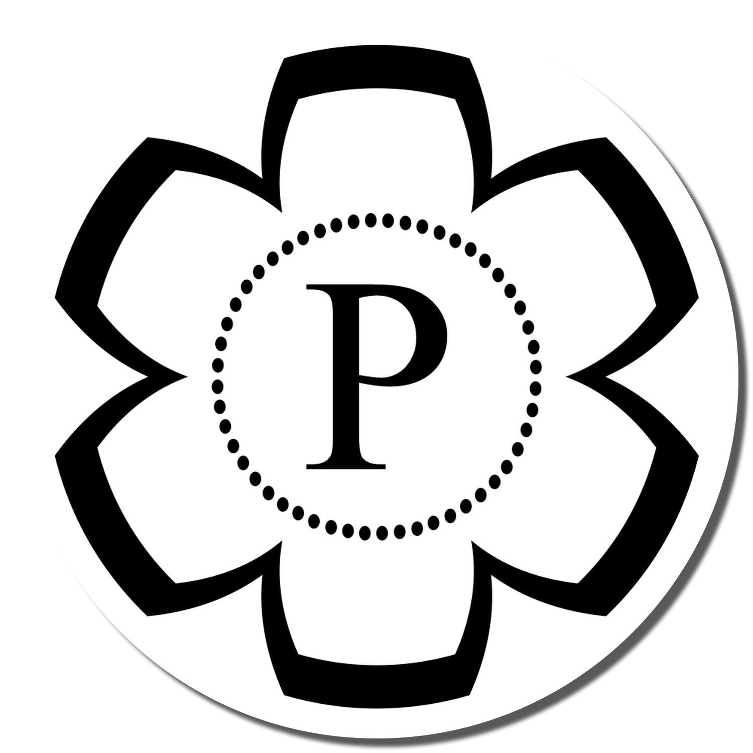 Custom rubber stamp design with floral monogram letter P in black, dotted circle, and bold petal border.