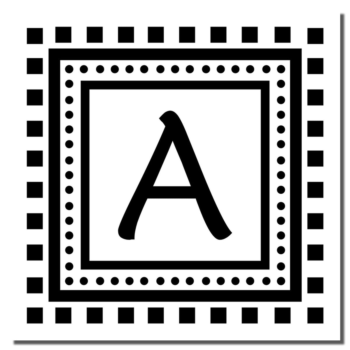 Bold letter A in a graphic design frame with dotted border, typographic alphabet icon for branding and education materials