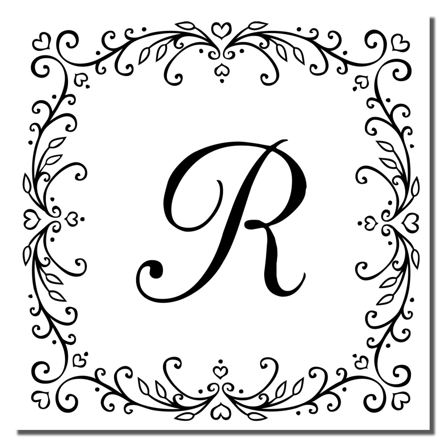 Decorative floral heart frame with script R monogram for a custom personalized rubber stamp.