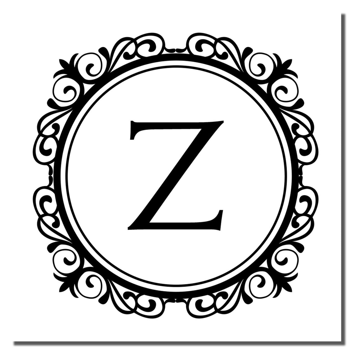 Ornate Z monogram rubber stamp design with decorative circular flourish border for personalized stationery and crafts.