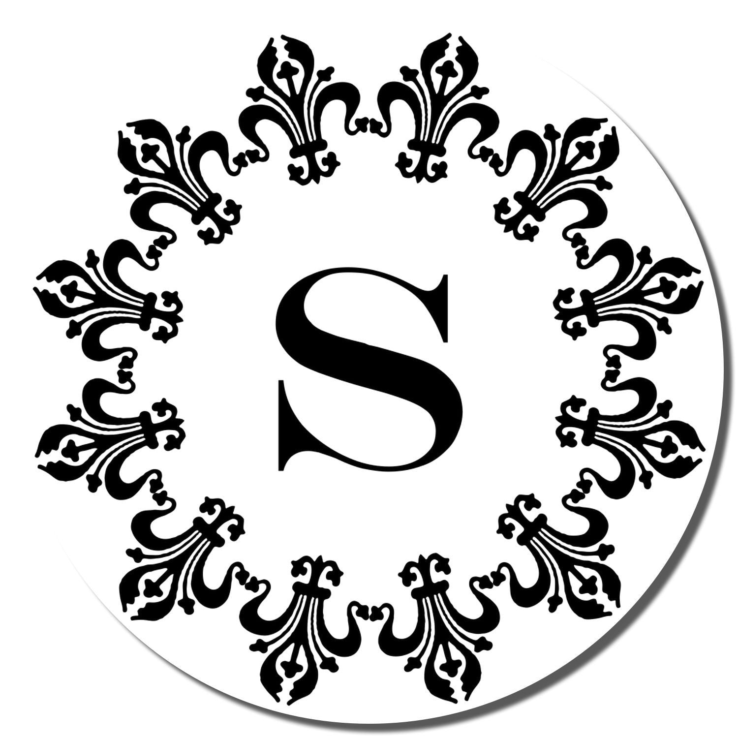 Custom S monogram rubber stamp with ornate vintage floral border for wedding, stationery, and branding.