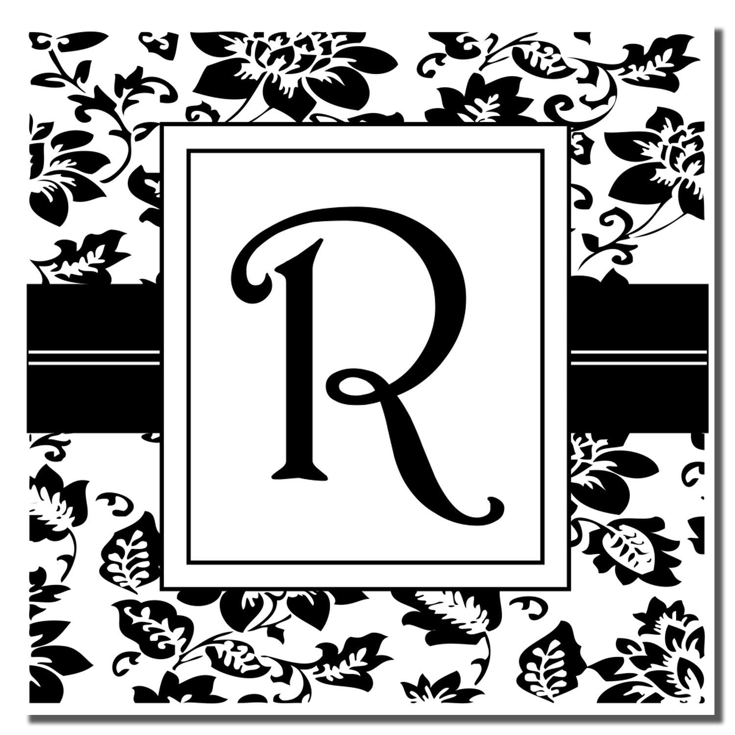 Floral monogram letter R rubber stamp design for custom wedding stationery and personalized crafts.