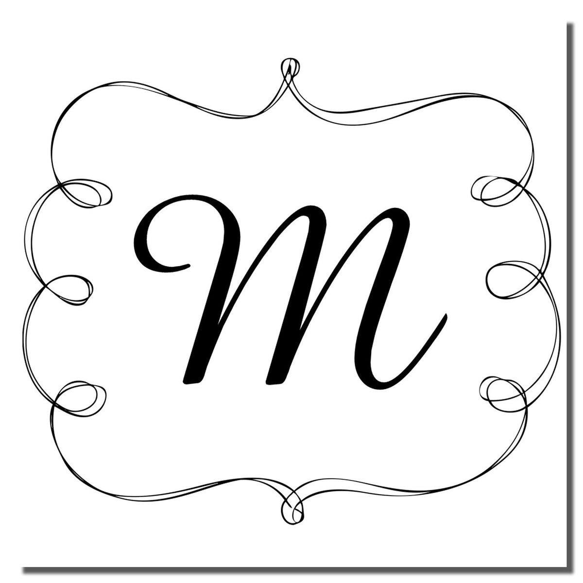 Decorative letter M monogram rubber stamp with ornate frame for personalized stationery, wedding favors, and crafts.