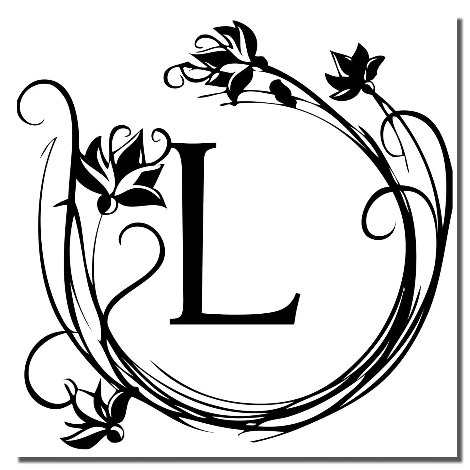 Elegant floral monogram L rubber stamp design with ornate swirl wreath border for custom stationery.