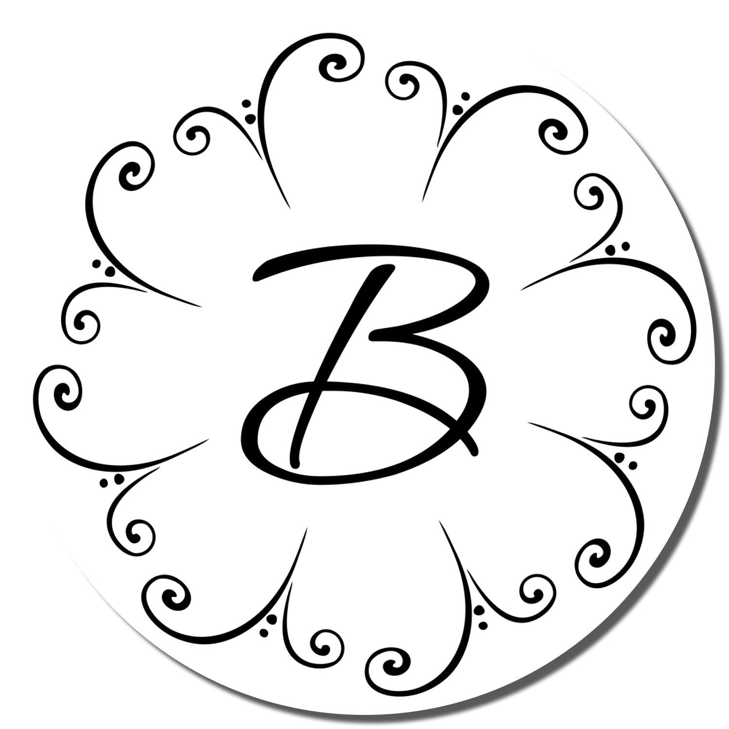 Decorative monogram B rubber stamp design with elegant floral swirl border for custom stationery and craft use