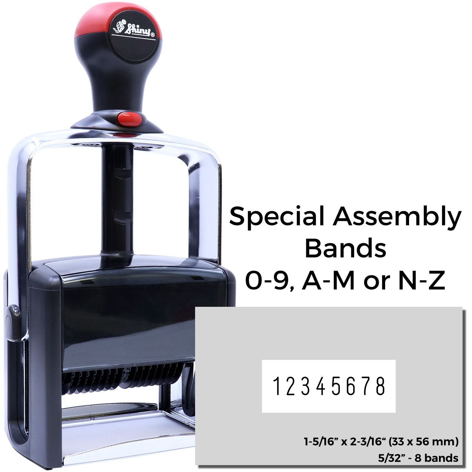 Shiny self-inking rotary band stamp with special assembly bands, 0-9, A-M or N-Z, and number set 12345678.