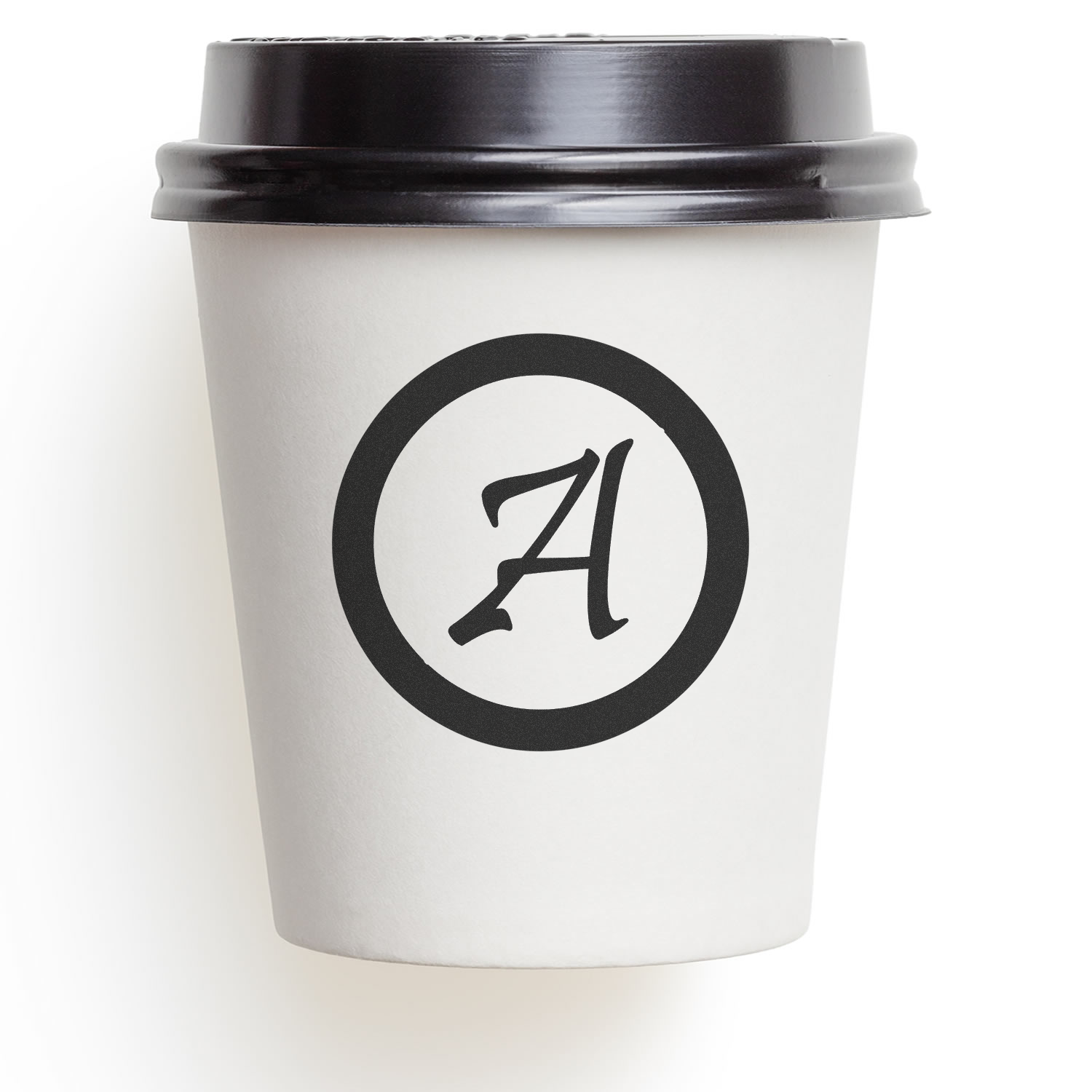 Custom monogram A rubber stamp for coffee cups and takeaway packaging, featuring a circular logo design for branded cups.