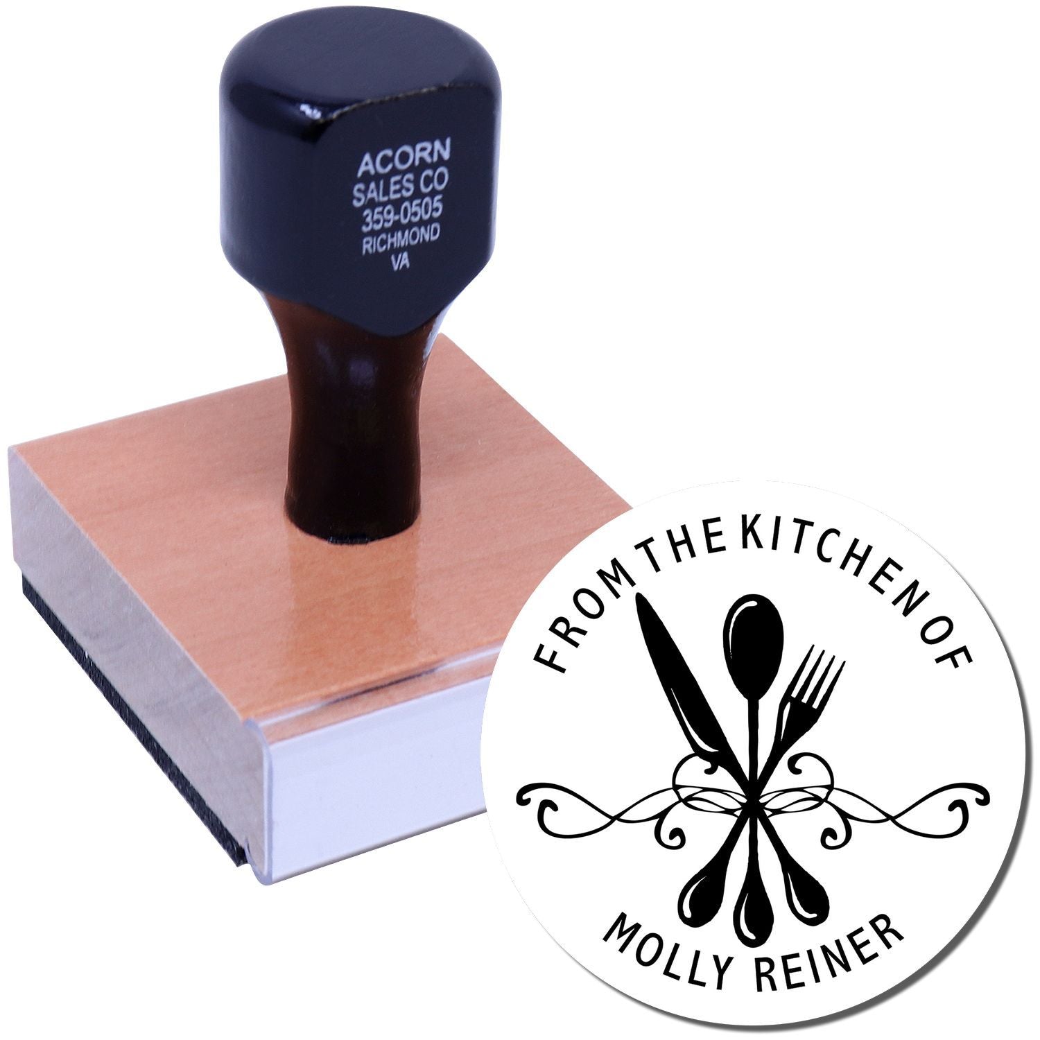 Personalized rubber stamp for recipe cards, showing From the Kitchen of Molly Reiner custom kitchen logo.