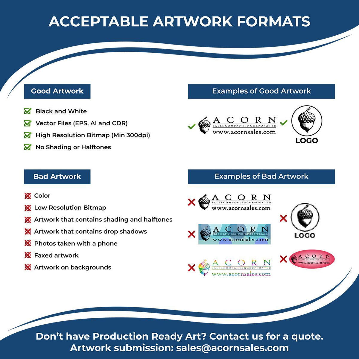 Acorn Sales artwork submission guide: acceptable formats (black & white, EPS/AI/CDR vectors, 300dpi, no halftones) and bad examples.