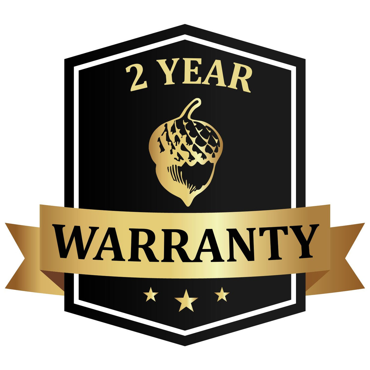 Gold and black 2 year warranty badge with ribbon and decorative acorn emblem