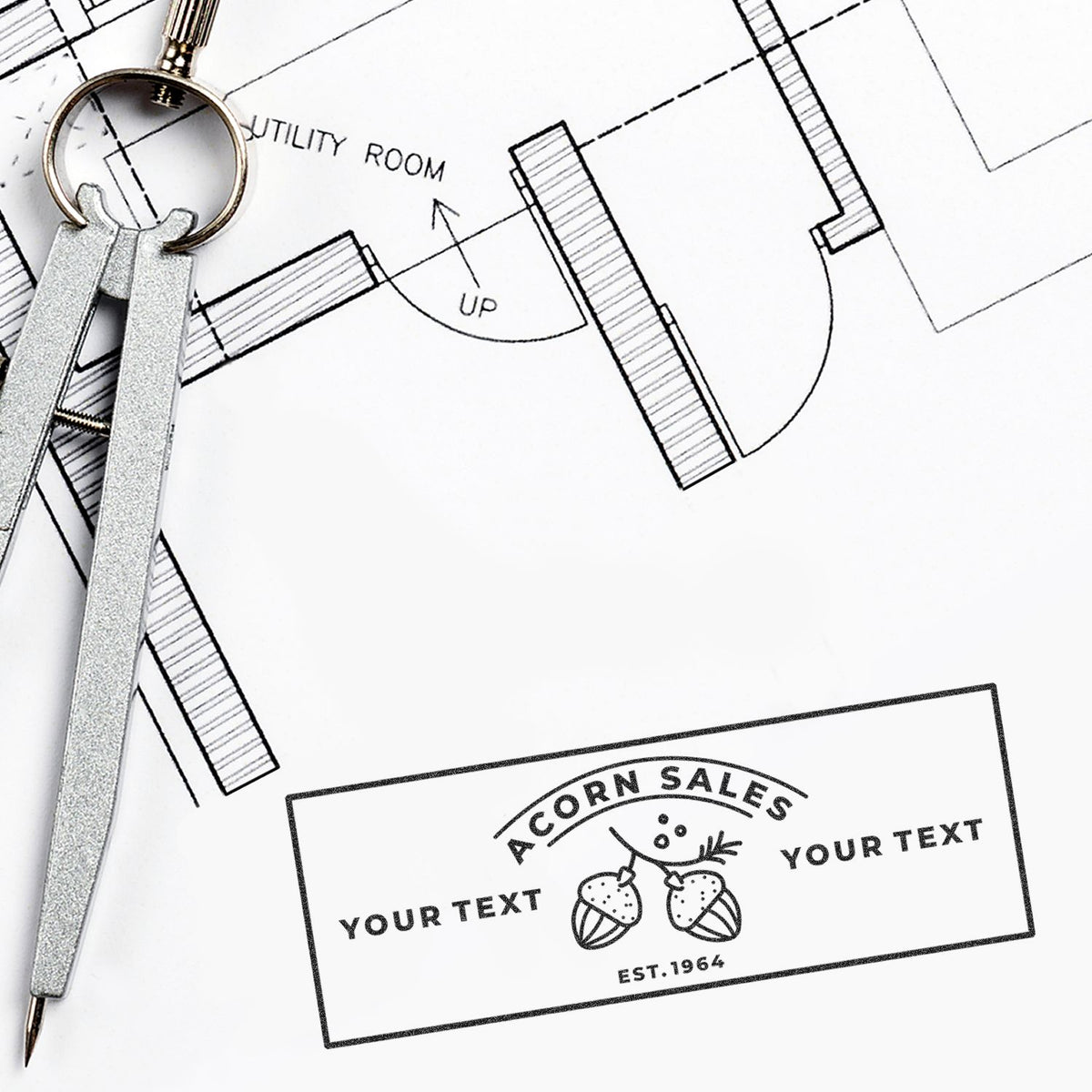 Utility room floor plan blueprint with magnifying glass and measuring tools, highlighting home renovation sales and Acorn Sales contact.