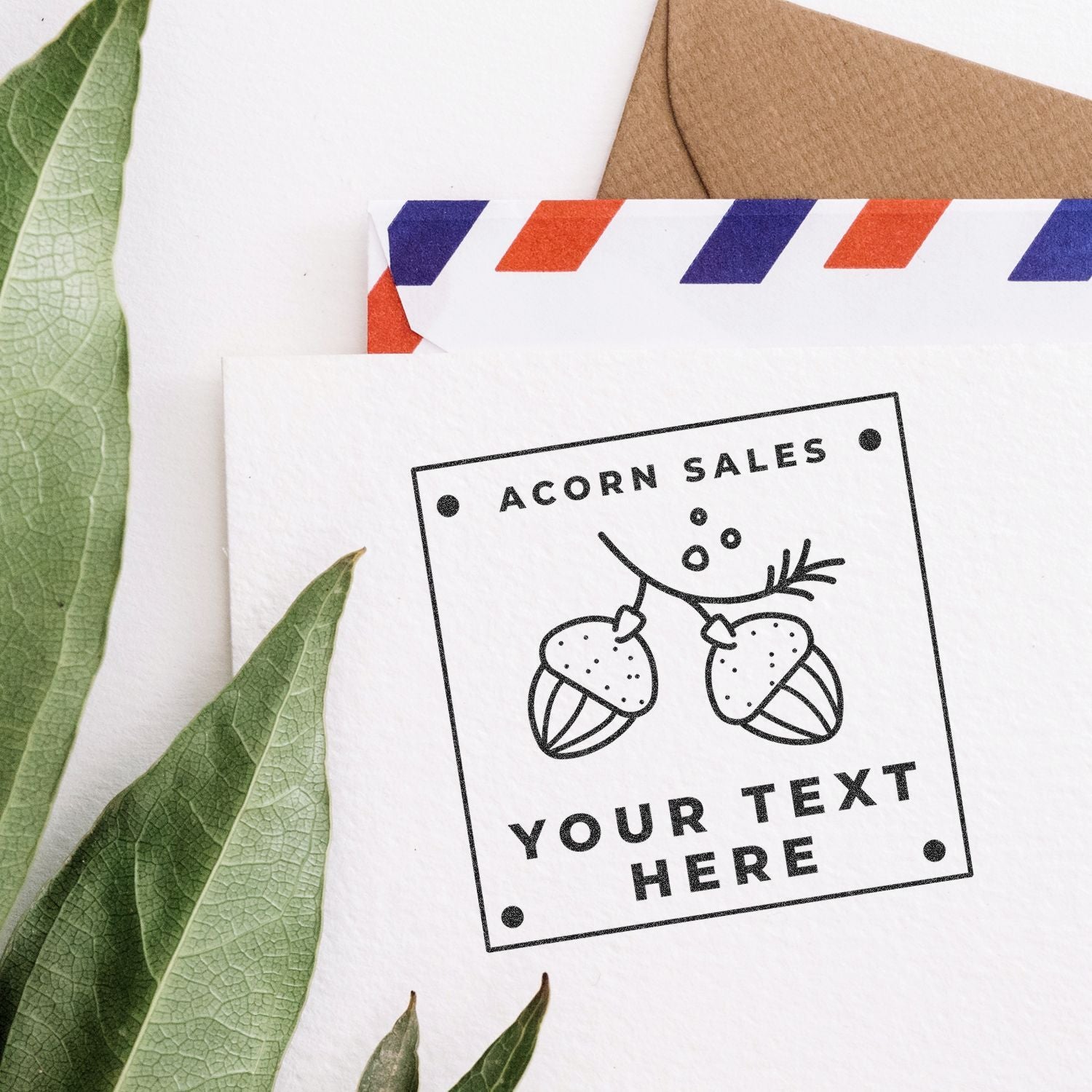 Acorn sales promotional card with acorn illustrations, laid on white paper with green leaves and kraft envelopes.