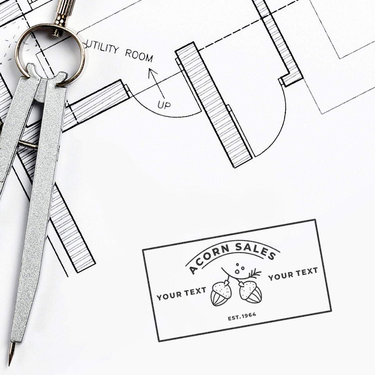 Compass on architectural blueprint with custom business card mockup, branding design and floor plan concept.