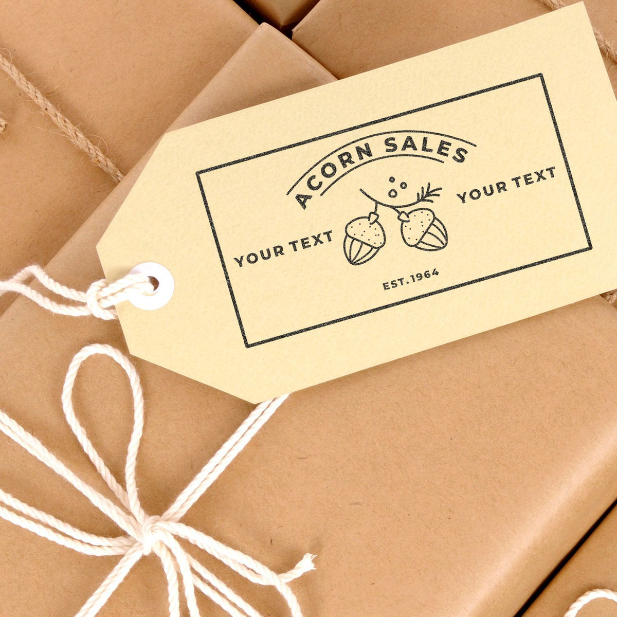 Kraft shipping package with sale label card reading Corn Sales and Your Text, for custom promotional stickers