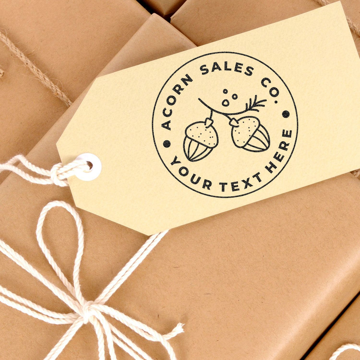 Kraft shipping boxes with round 'Acorn Sales Co.' organic branding sticker, promoting acorn-themed products delivery for eCommerce orders.