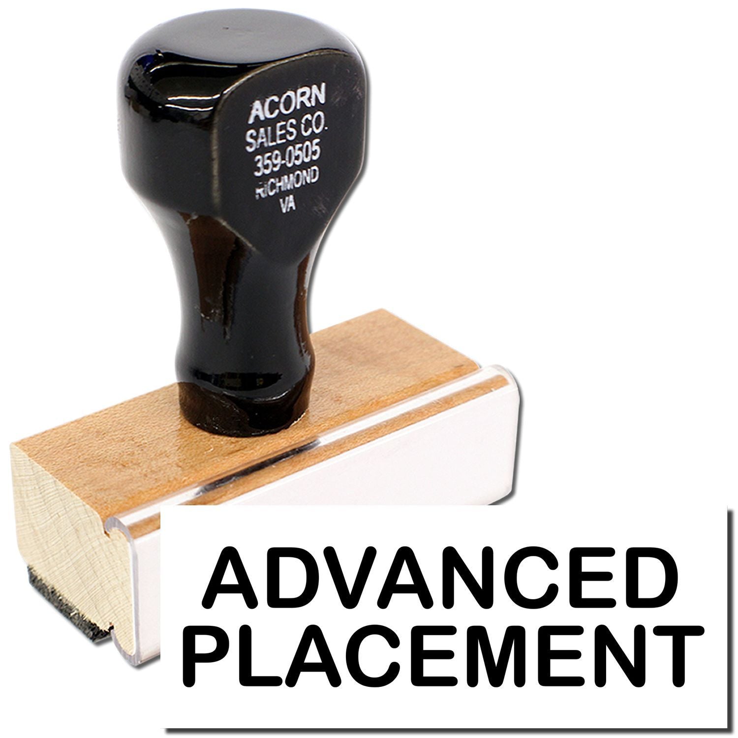 Close-up of Acorn Sales Co. branded product component with Advanced Placement label and phone number 359-0505.