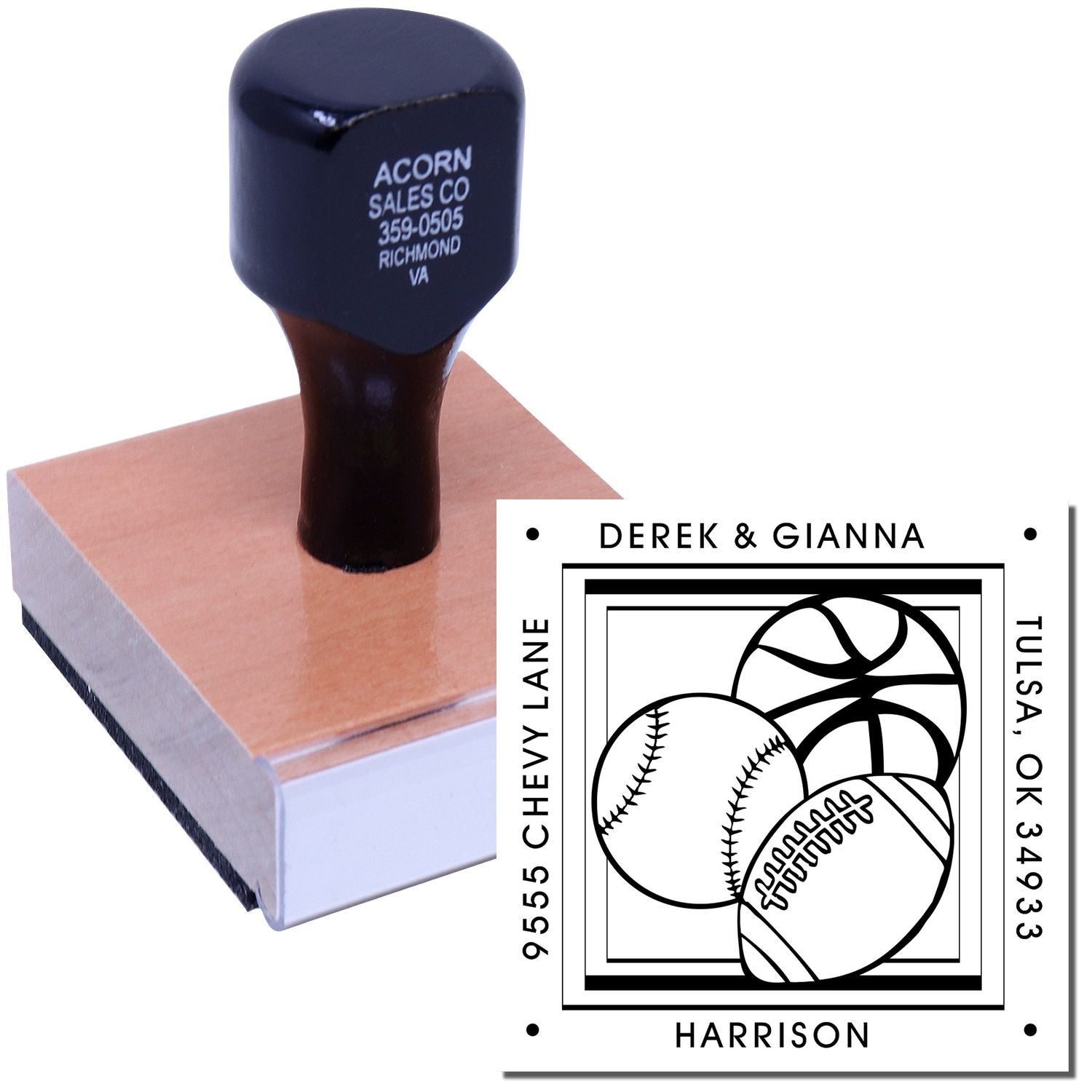 Custom rubber stamp with personalized sports-themed address design for Derek & Gianna, featuring baseball, basketball and football.