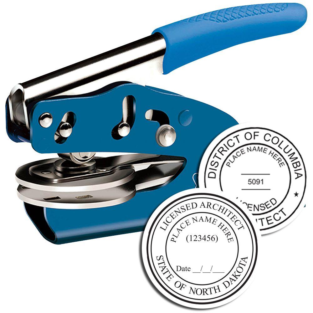 Blue self-inking embossing seal stamp with custom licensed architect and District of Columbia seal designs.