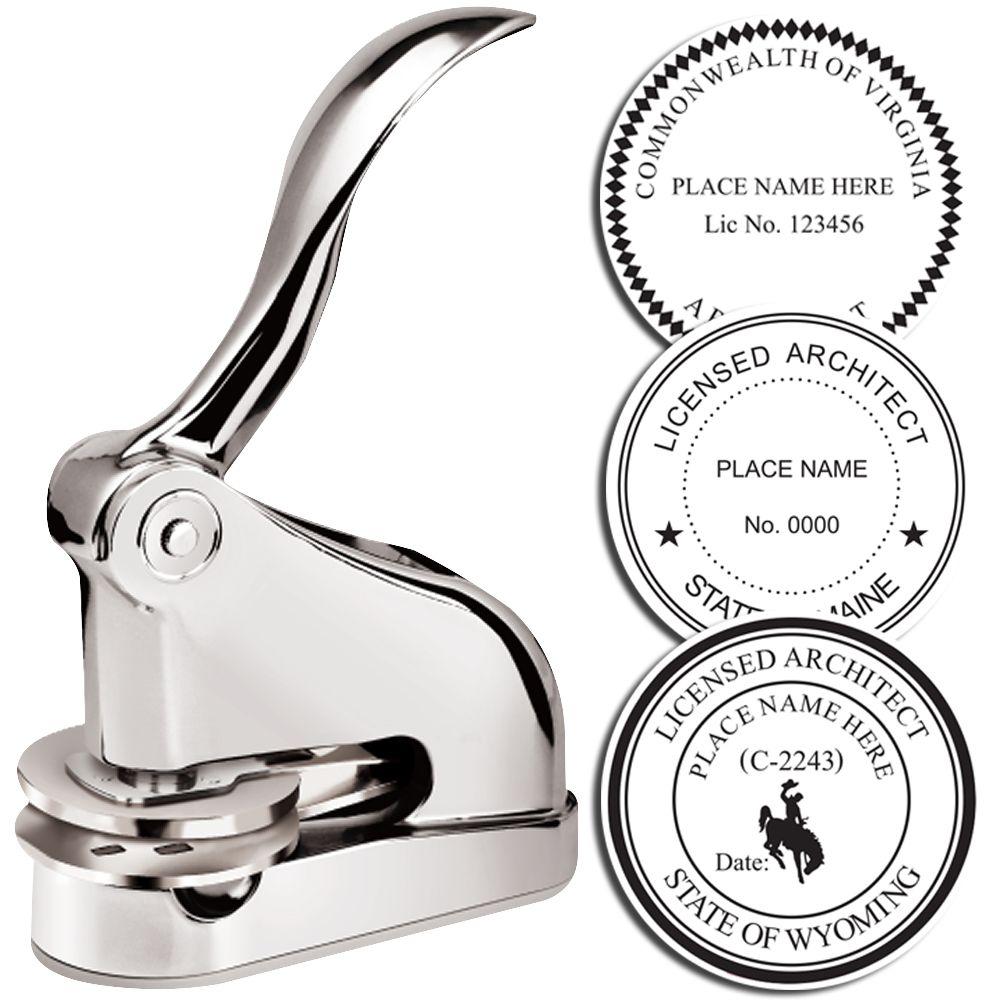 Chrome embossing seal press with custom licensed architect state stamps for Virginia, Maine, and Wyoming.