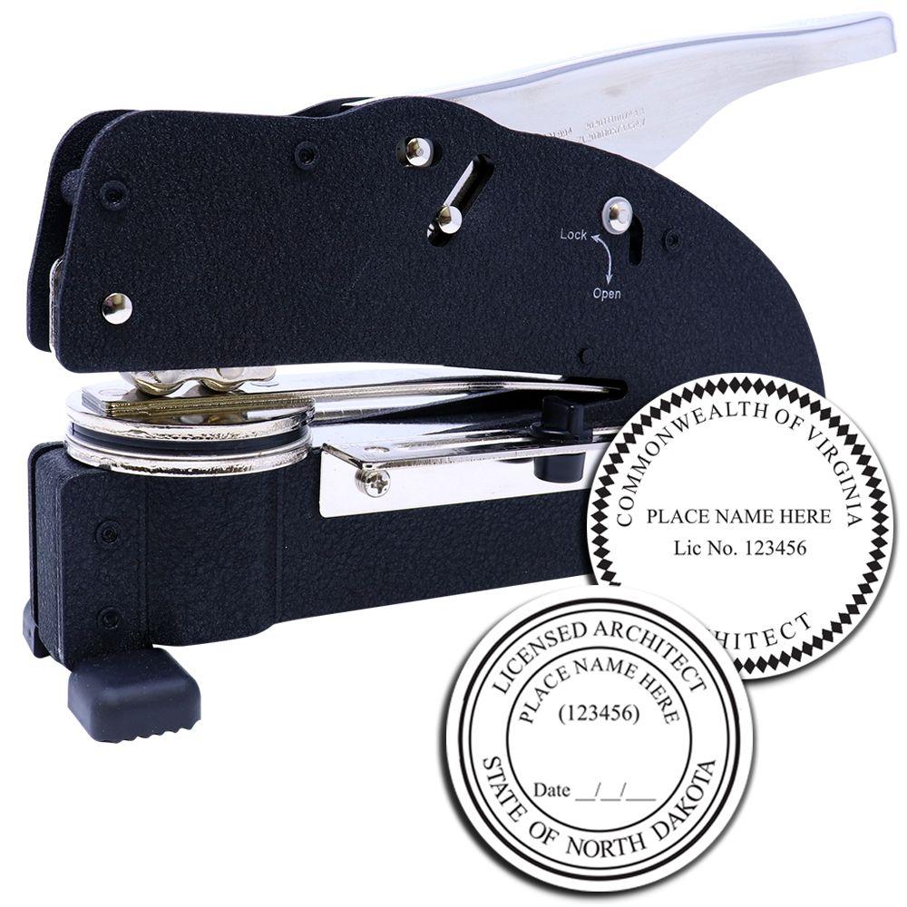 Heavy-duty embossing seal press with custom architect and state license seals for professional documents