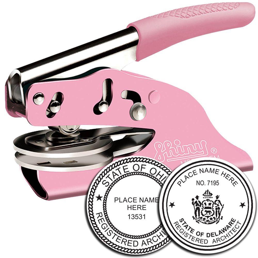Pink manual embossing seal press with custom state architect and notary-style embossing seals