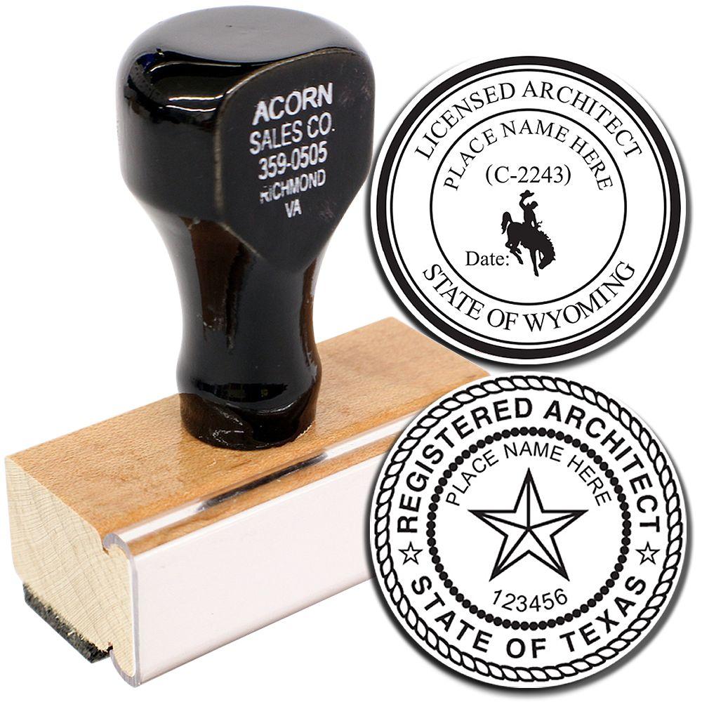 Custom architect stamp seal with Wyoming and Texas licensed architect seal designs on a white background