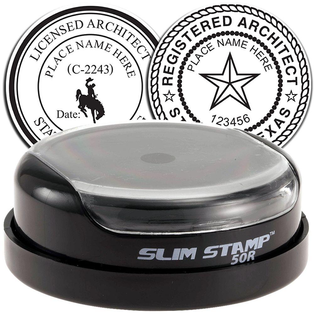 Slim Stamp 50R self-inking architect seal stamp with custom licensed and registered architect round seal designs