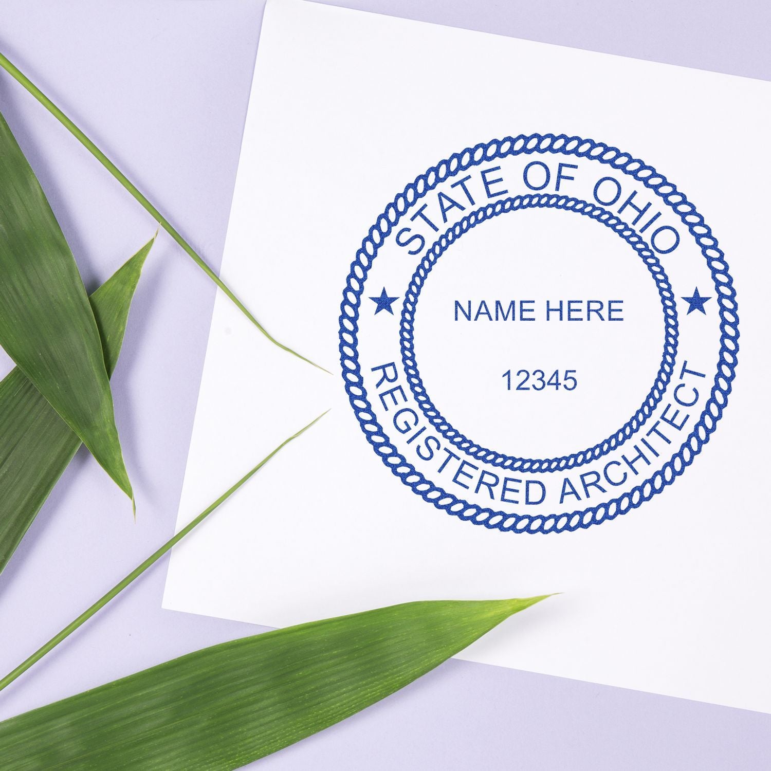 Ohio registered architect stamp with custom name and number on white paper, surrounded by green leaves on a pastel background