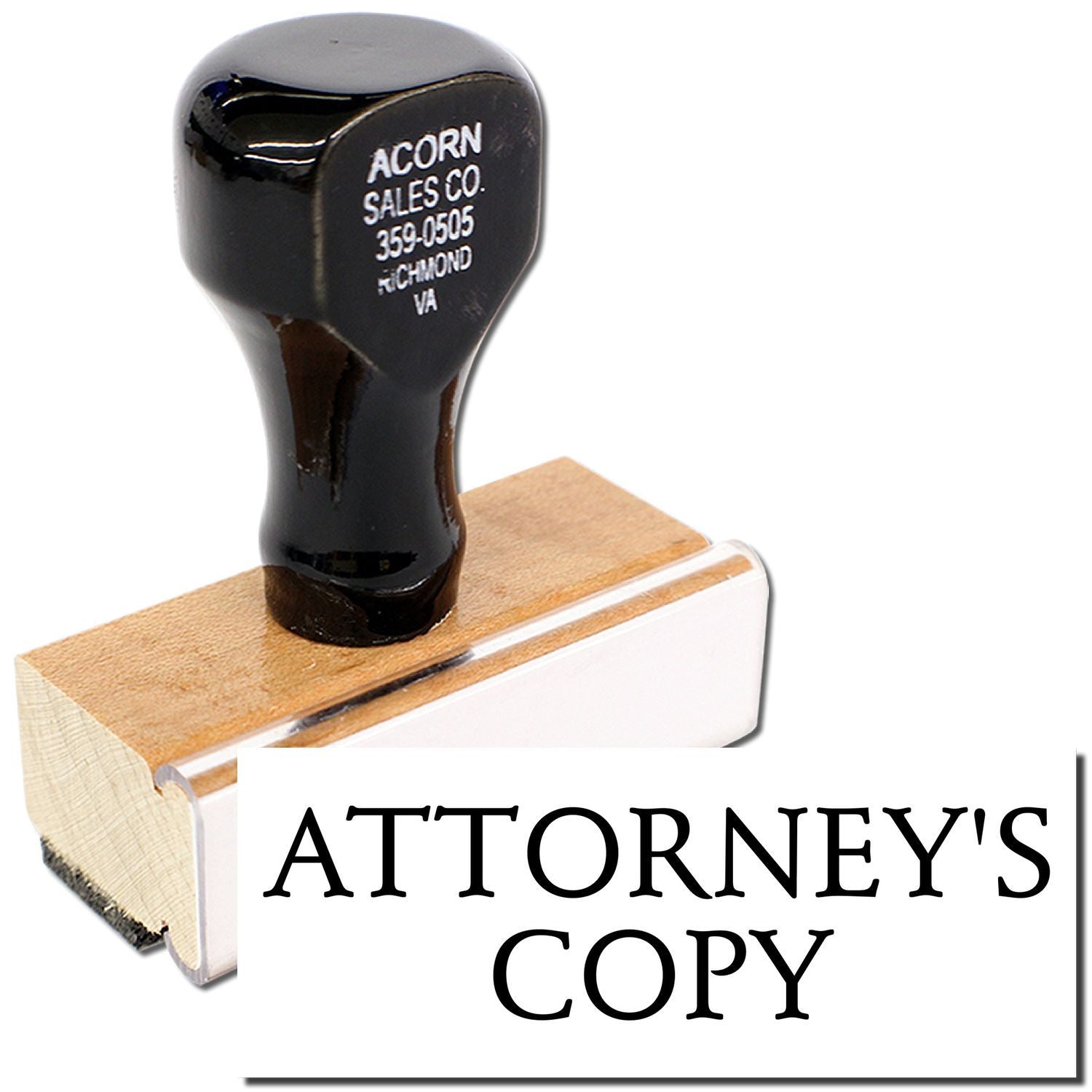 Acorn Sales Co. attorney's copy stamp on wood block, black acorn-style imprint for legal document copies