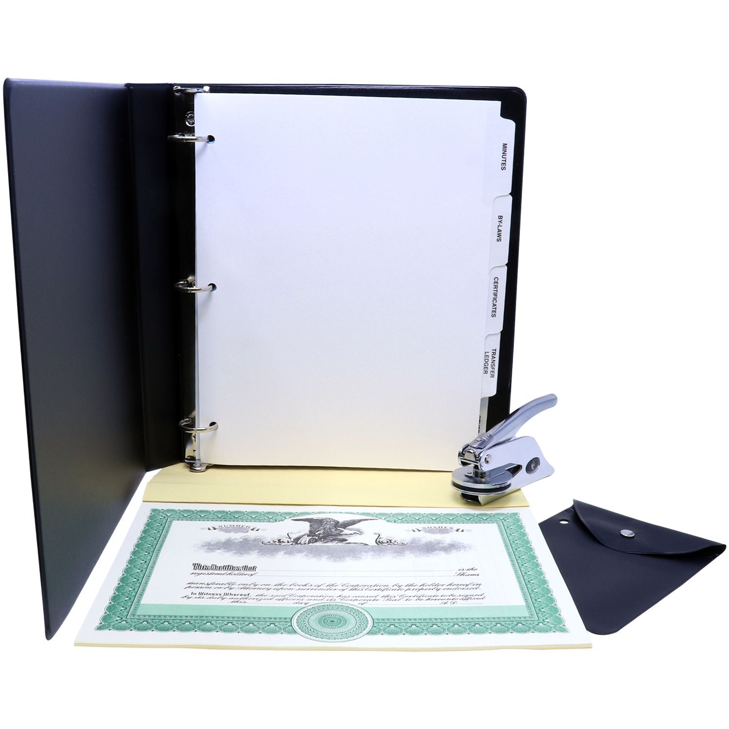 Black 3-ring binder document organizer with tab dividers, hole punch, and certificate storage pages for legal files and office records.
