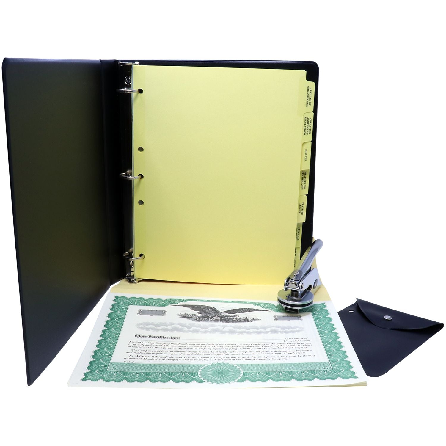 Open black three-ring binder with tabbed divider sheets, certificate document, and hole punch for office organization.