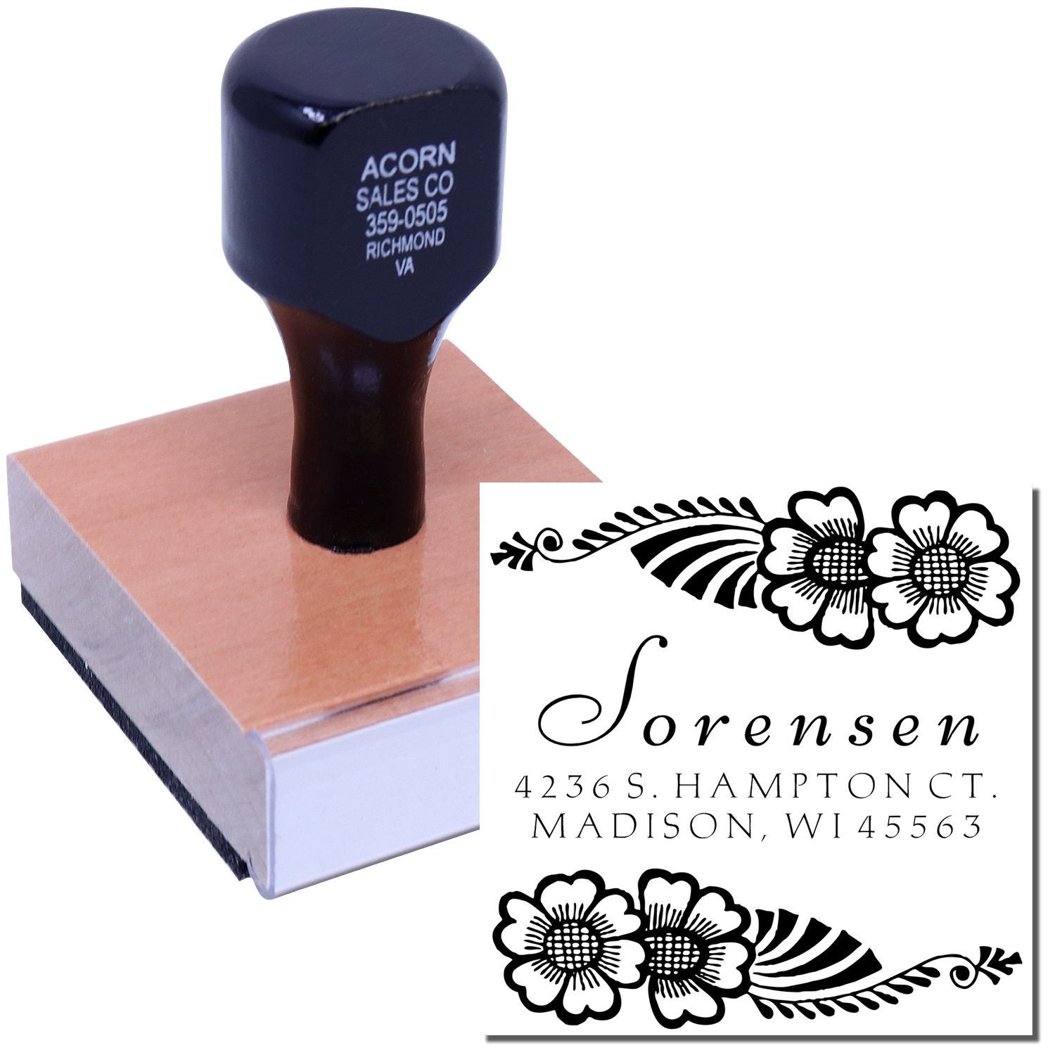 Custom floral address rubber stamp for wedding invitations and mail, with name and return address imprint.