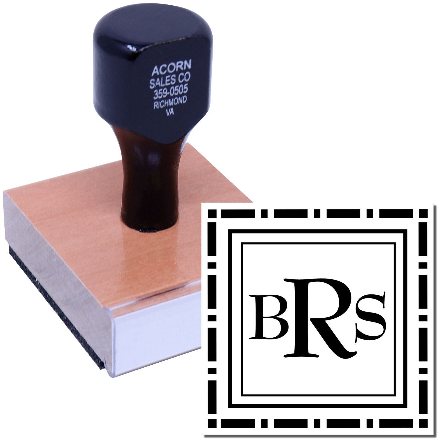 Custom BRS monogram business rubber stamp with self-inking handle for branding documents and stationery.