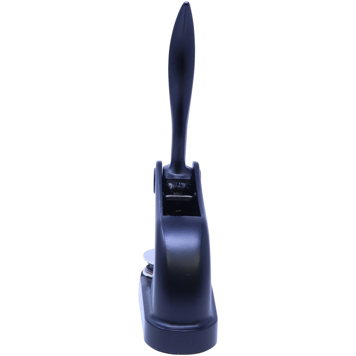 Black heavy-duty office stapler with long vertical handle on a white background