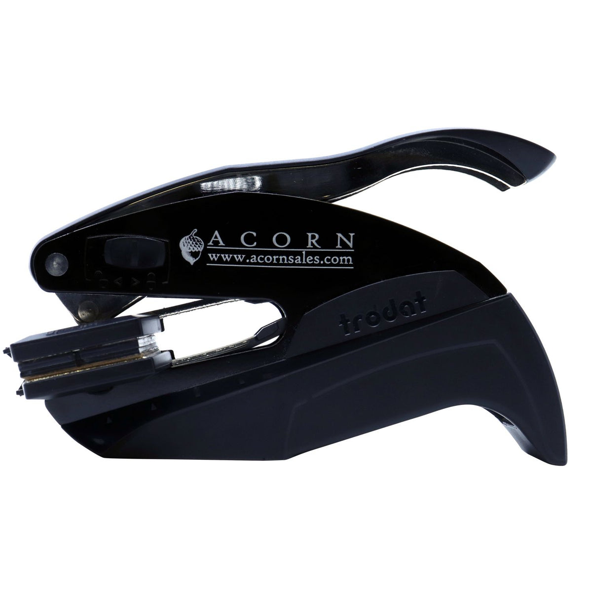 Black Trodat Acorn heavy-duty stapler on a white background