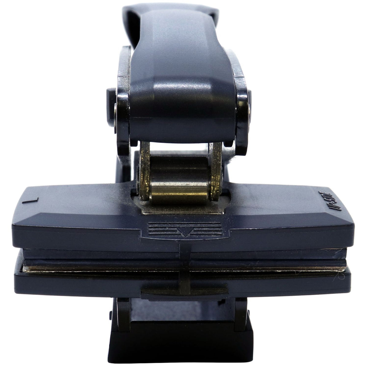 Close-up of a black metal paper punch tool with hinged handle on a white background