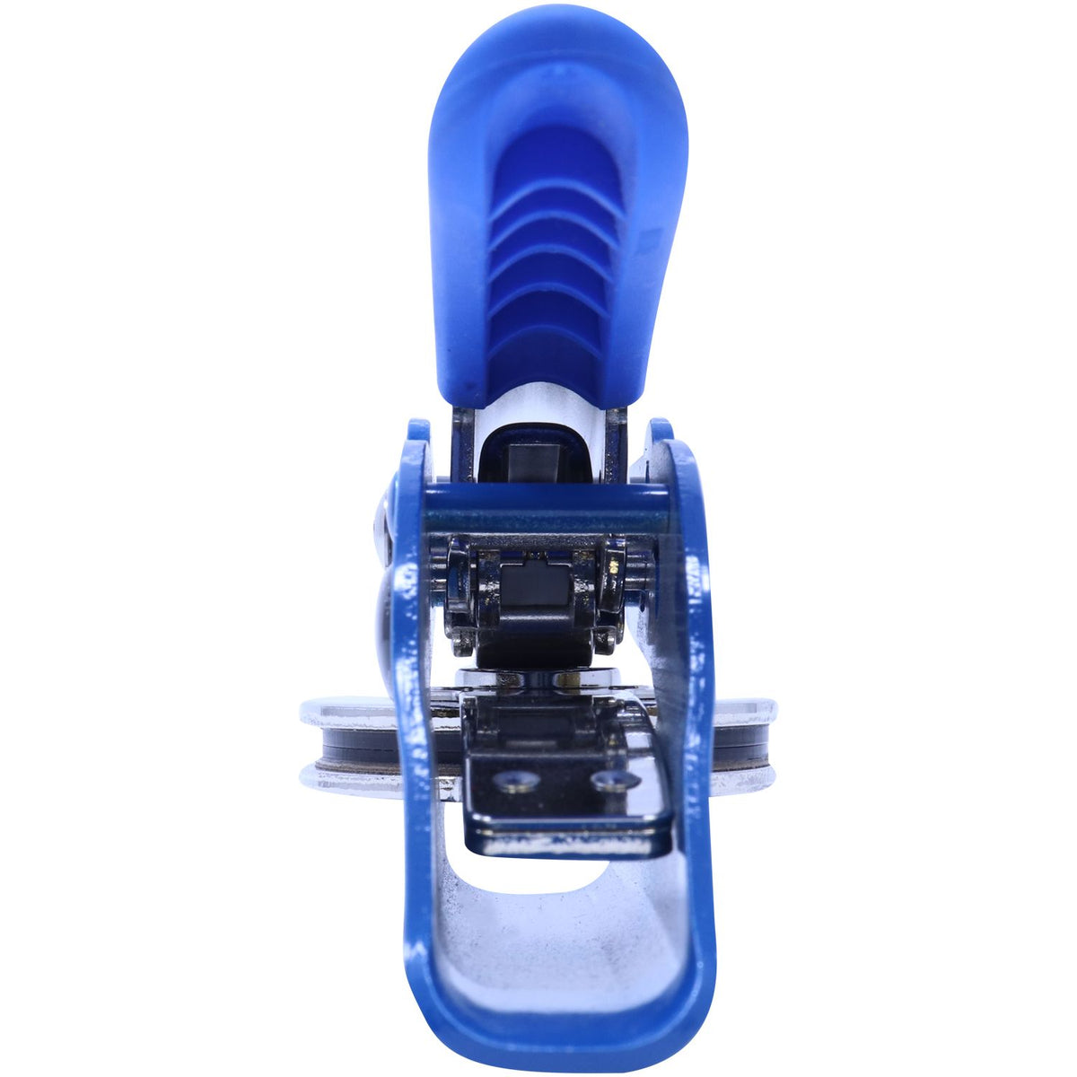 Blue office stapler with metal mechanism, isolated on white background.
