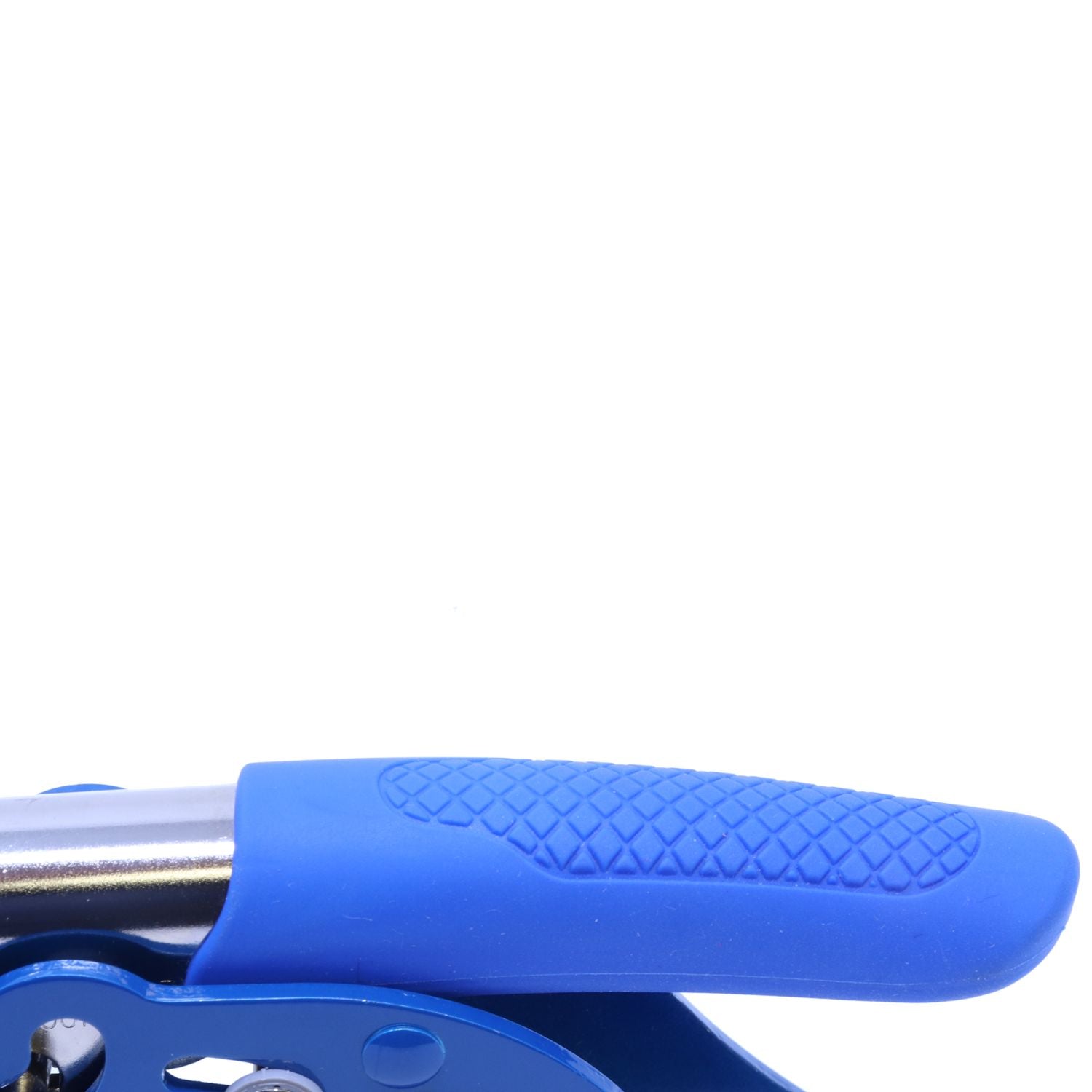 Close-up of a blue ergonomic non-slip handle on a stainless steel hand tool against a white background.