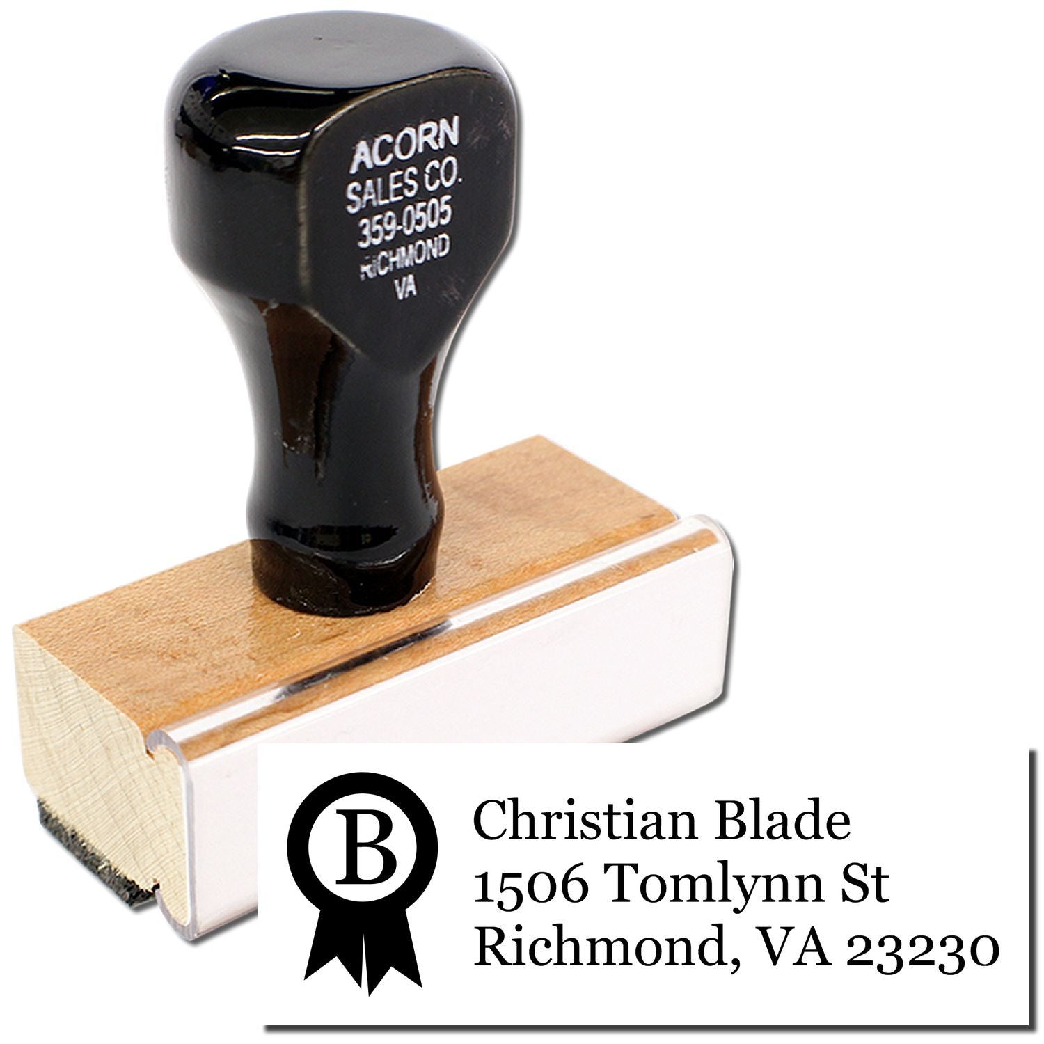 Custom address rubber stamp for Christian Blade, Richmond, VA, featuring a monogram B logo for business mailings.