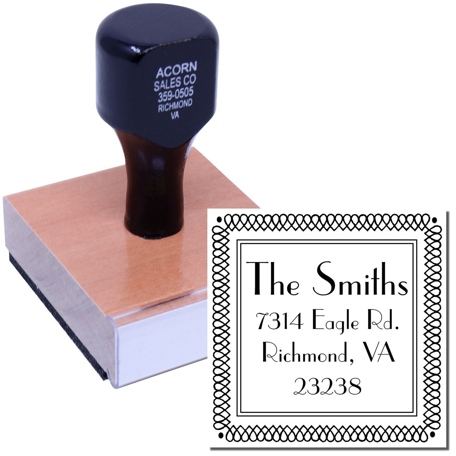 Personalized address rubber stamp with wooden handle and sample imprint for return address mailing use.