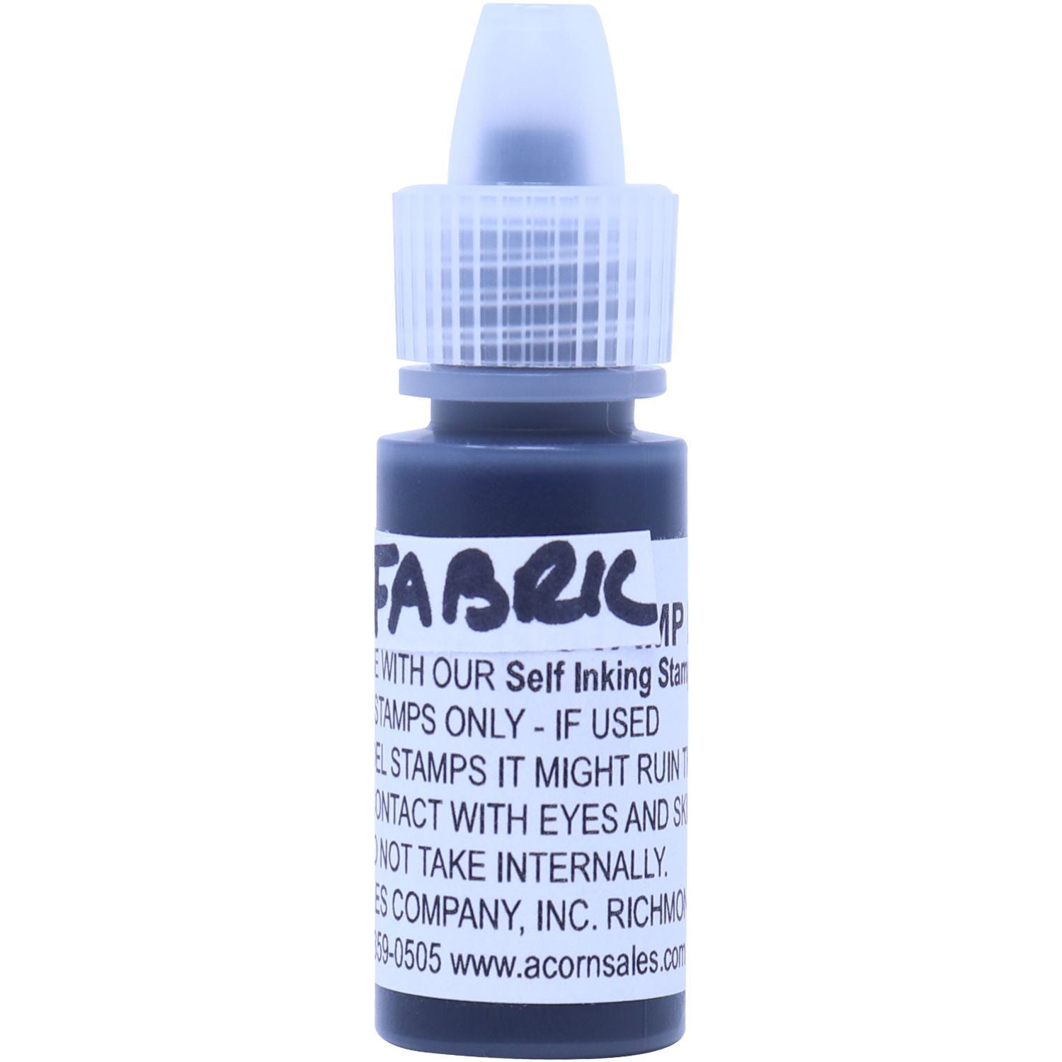 Small black self-inking stamp ink bottle with dropper cap and product label on white background.